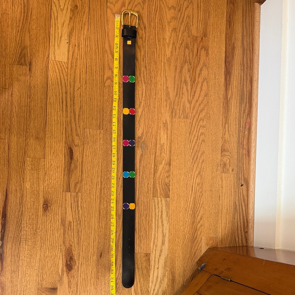 Vintage Carlisle Black Leather Belt w/Animal Skin Embossed Colorful Dots - Picture 7 of 8